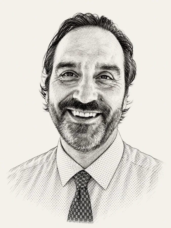 Pen-and-ink portrait of Julian Barabas, author of The Robot and AI Survival Guide.