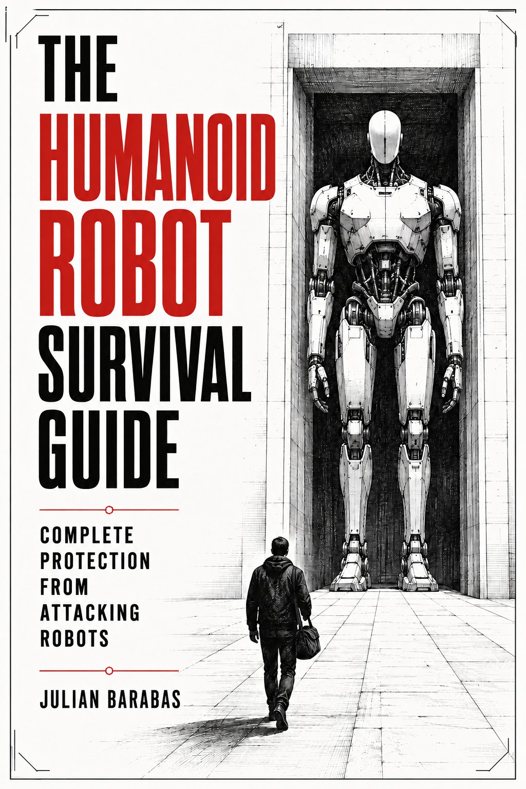 Cover of The Humanoid Robot Survival Guide by Julian Barabas. A pen-and-ink drawing: a lone man with a bag walks toward a towering humanoid robot standing in a monolithic doorway.