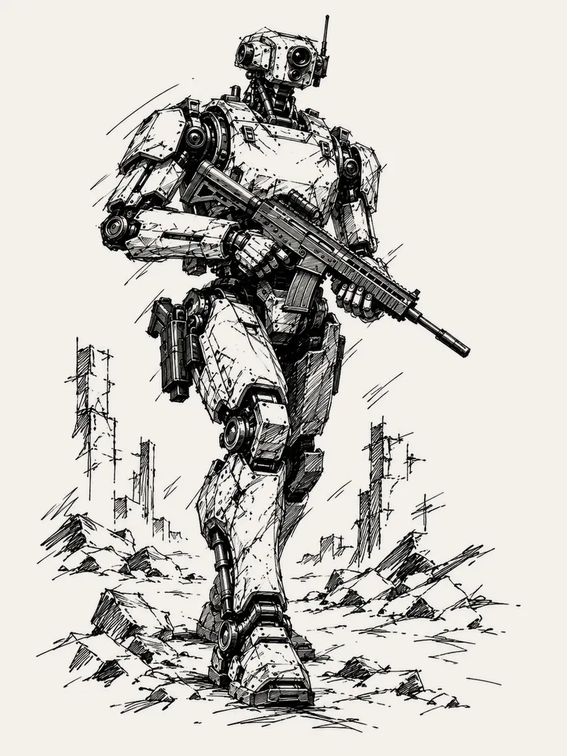 Loose ink sketch: an armoured humanoid robot carrying a rifle walks through rubble and broken ground.