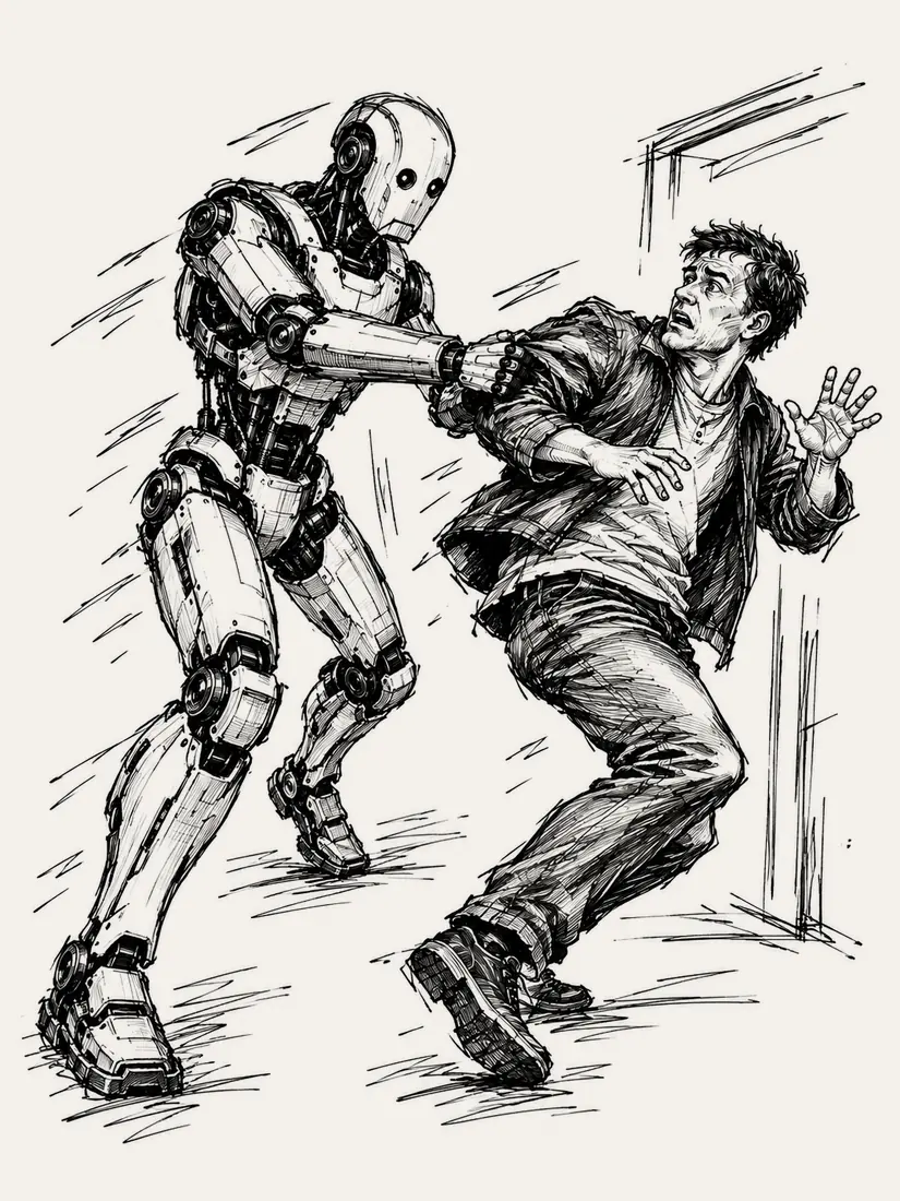 Loose ink sketch: a humanoid robot has taken hold of a man's arm; he is pulling away against a doorframe with one hand raised.
