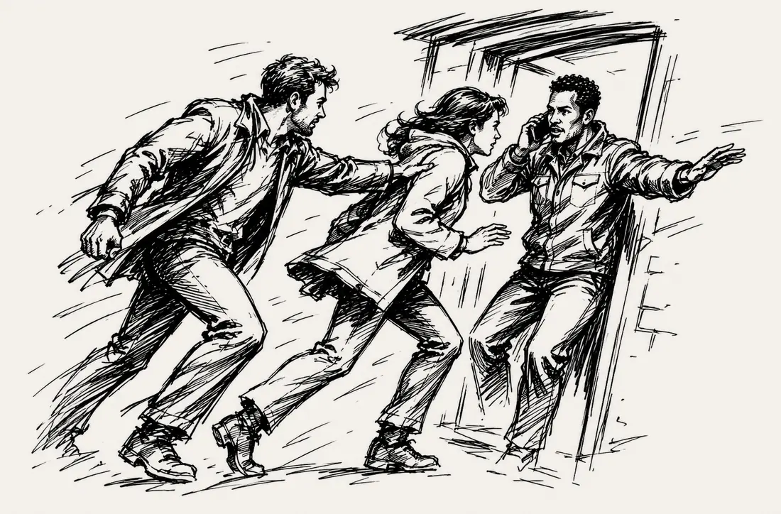 Loose ink sketch: three people move together through a doorway, one steadying another while a third holds the door and speaks into a phone.