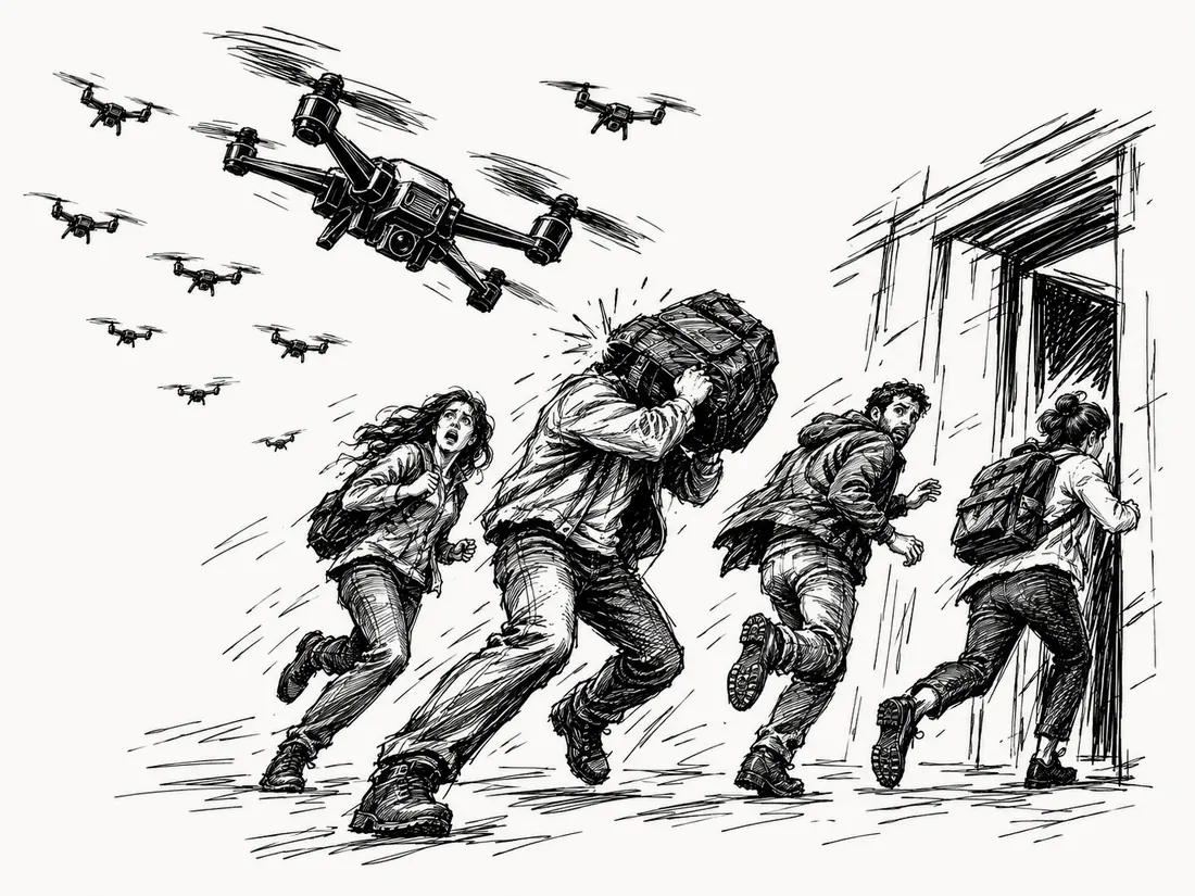 Loose ink sketch: a swarm of quadcopter drones bears down while four people run for a doorway, one shielding his head with a pack.